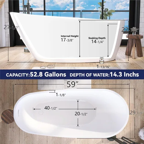 Miniatura 5 de Bañera independiente de acrílico de 59", bañera independiente, bañera exenta, bañera de remojo, certificado cUPC, CM (blanco brillante)