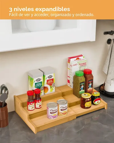 Miniatura 3 de VenDotbi Estante de especias, organizador de especias de bambú expandible de 3 niveles para gabinete, organizador de almacenamiento de cocina