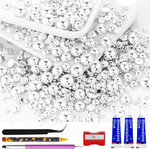 Miniatura 57 de 60g de Perlas Acuamarina Dorada con Diamantes de Imitación para Manualidades Tamaño Mixto 3mm-10mm Color AB Redondas Perlas Medias Planas Conjunto