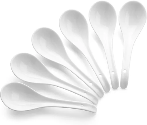 Miniatura 5 de DOWAN Soup Spoons, Ceramic Asian Soup Spoons, Black Japanese Spoon Large for Ramen Pho Wonton Dumpling Miso, Deep Oval Hook Design, Set of 4