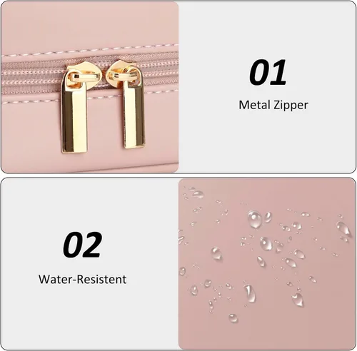 Miniatura 6 de E-Tree Bolsa de maquillaje de piel sintética para mujer, organizador de cosméticos de viaje con doble cremallera, bolsa de aseo pequeña impermeable