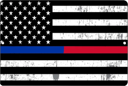 Rogue River Tactical Delgada línea roja azul oficial de policía y bombero bandera de metal estaño letrero decoración de pared hombre cueva bar apoyo
