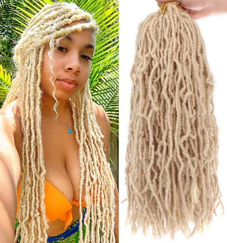 Miniatura 23 de Leeven - 6 paquetes de 21 mechones de cabello largo trenzado para mujer, trenzas de ganchillo sintético de cabello rizado desordenado estilo Rastas