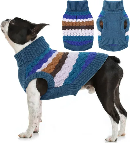 Miniatura 22 de Kuoser Suéter grande para perro, suéteres de punto de cuello alto para perros grandes, rayas coloridas, chaleco de punto para mascotas, ropa cálida