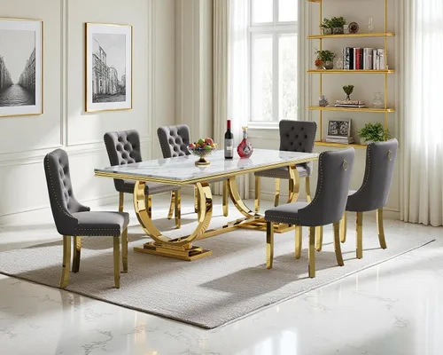 Miniatura 19 de Juego de mesa de comedor de 5 piezas para 4, mesa de cocina de mármol negro de 68 pulgadas con 4 sillas beige, mesa de comedor rectangular moderna