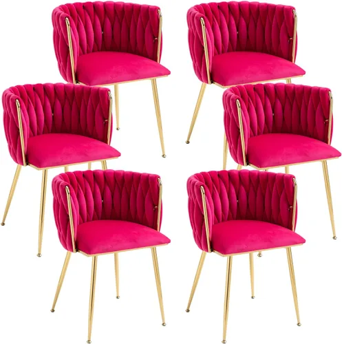 Miniatura 14 de Juego de 2 sillas de comedor de terciopelo, modernas sillas de comedor tapizadas con patas de metal dorado y respaldo tejido para comedor, cocina
