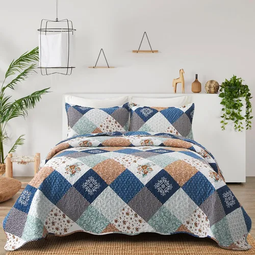 Miniatura 14 de Dinjoy Juego de edredón floral a cuadros de retazos tamaño California King, juego de ropa de cama reversible marrón de microfibra suave, colcha