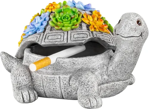 Miniatura 8 de LESES Cenicero, lindo cenicero de cigarrillos de tortuga con tapa, sin humo, impermeable, bandeja de cenizas de resina para exteriores, para patio