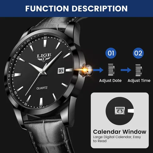 Miniatura 4 de LIGE Relojes para hombre impermeable analógico vestido vintage cronógrafo analógico casual cuero acero inoxidable movimiento de cuarzo único retro
