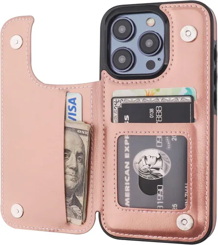 ONETOP Compatible con iPhone 15 Pro Funda Tipo Cartera con Portarjetas, Funda de Cuero PU con Soporte y Ranuras para Tarjetas, Doble Cierre Oro rosa