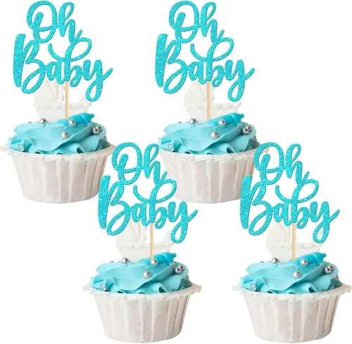 24 piezas Oh Baby Cupcake Toppers Glitter Baby Shower Cupcake Picks Reveal Género Decoración de Pasteles para Baby Shower Niños Niñas Fiesta de Azul