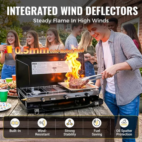 Miniatura 5 de FineFlame Estufa de campamento, 3 quemadores de propano portátil con regulador, encendido instantáneo con botón, quemadores ajustables y protectores