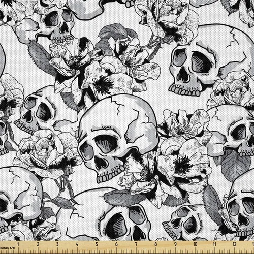Miniatura 143 de Ambesonne The Yard, tela de calavera colorida con temática de Halloween, diseño de calavera y huesos cruzados, divertido estampado de dibujos
