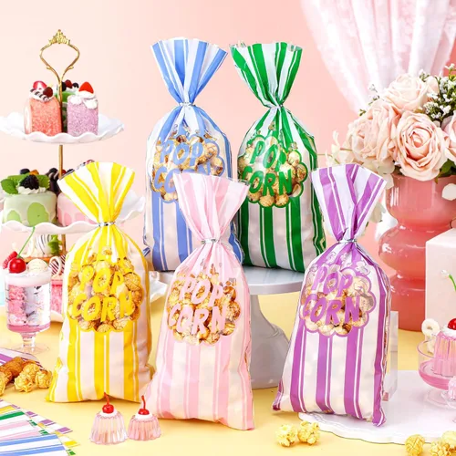 Miniatura 4 de 200 bolsas de palomitas de maíz, bolsas de plástico para máquina de palomitas de maíz, recipientes de maíz con lazos giratorios para carnaval, Pastel