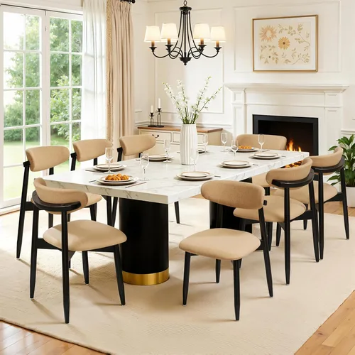 Miniatura 26 de CHUN YI Juego de 2 sillas de comedor tapizadas de madera maciza, sillas auxiliares de cocina de tela moderna de mediados de siglo con respaldo Beige