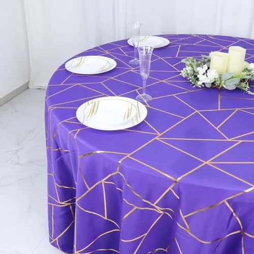 Miniatura 6 de Efavormart - Mantel redondo de poliéster de 120 pulgadas con patrón geométrico dorado Morado