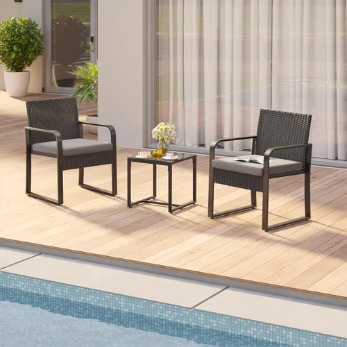 Miniatura 8 de Gizoon Juego de 3 piezas de muebles de patio tipo bistró, juego de muebles de mimbre negro para exteriores, juego moderno de sillas de ratán