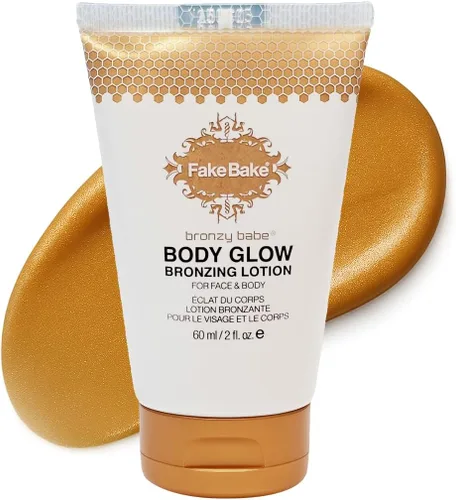 Fake Bake Bronzy Babe Body Glow - Loción hidratante teñida para rostro y cuerpo, iluminador, maquillaje e hidratación para el cuidado de la piel,