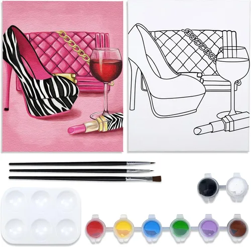 VOCHIC Kit de pintura de lienzo predibujado para adultos para pintura, kit de fiesta, pintura y sorbo, suministros de fiesta, lienzo de 8 x 10