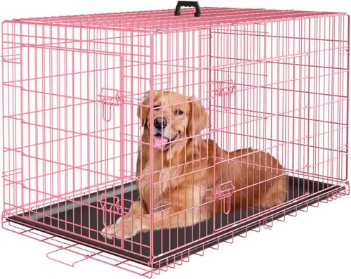 PayLessHere Jaula grande para perros Canil para perros medianos y grandes Jaula de metal para perros con doble puerta plegable para viajes al Rosa