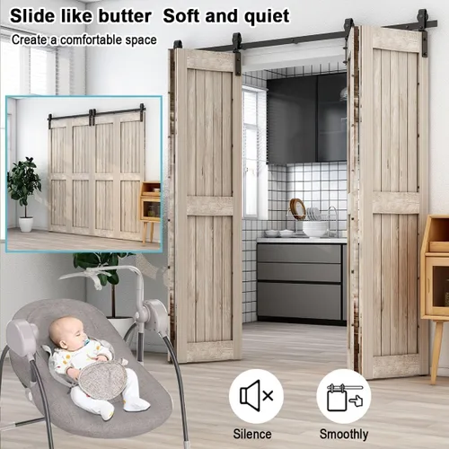 Miniatura 4 de Kit de herrajes para puerta corrediza de granero biplegable de 84 pulgadas/7 pies para 4 puertas, herrajes para puertas de granero biplegables