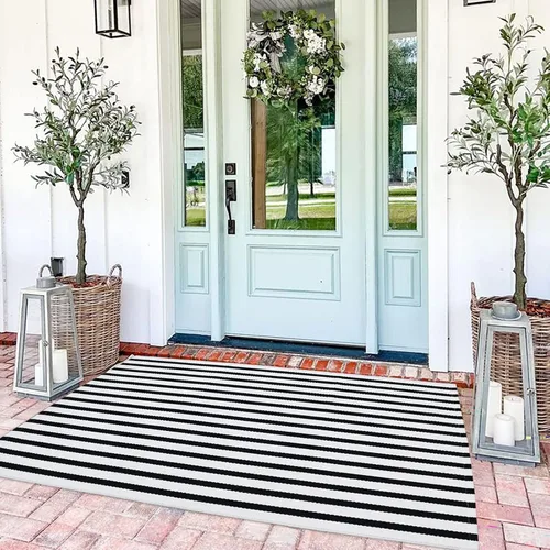 Miniatura 13 de Alfombra para exteriores blanco y negro de 27.5' x 43', alfombra a rayas para porche delantero, alfombra tejida a mano de algodón, lavable a