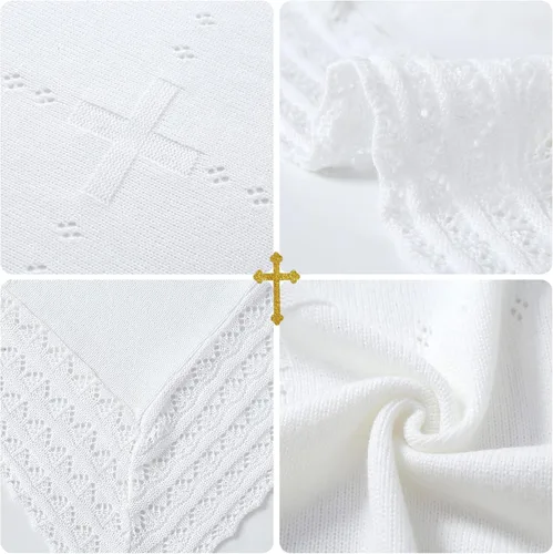 Miniatura 7 de Booulfi Manta de bebé, manta blanca para recepción, bautizo, toalla para recién nacidos, niños y niñas, manta térmica de algodón blanco