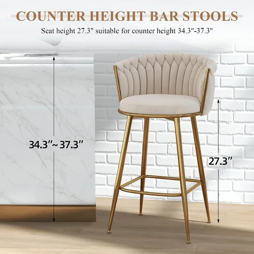 Miniatura 5 de ABET Taburete de Bar Dorado 1UN, Taburetes Giratorios de Terciopelo, Taburetes de Altura Ajustable con Respaldo Tejido, Taburetes de Cocina Modernos