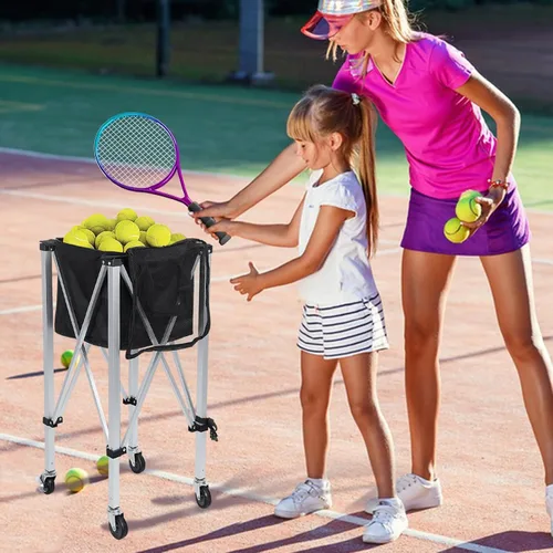 Miniatura 8 de Anvazise Tolva de pelota de tenis con capacidad para 160 bolas, cesta plegable para pelotas de tenis con ruedas y bolsillos laterales extraíbles