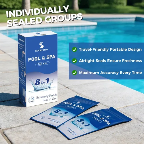 Miniatura 7 de Tiras de prueba 8 en 1 para piscina y spa, tiras selladas individualmente (10 paquetes de 10) para bañera de hidromasaje y piscina, pruebas precisas