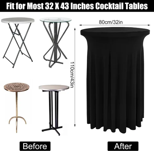 Miniatura 2 de Paquete de 4 faldas redondas de elastano de 32 x 43 pulgadas para mesa de cóctel con cortinas onduladas, mantel de cóctel elástico, mesas altas Negro