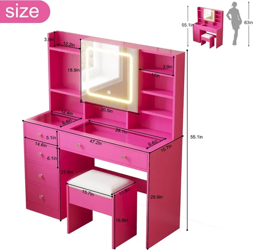 Miniatura 3 de Karl home Tocador de maquillaje con espejo iluminado, escritorio para dormitorio con estación de carga, juego de tocador grande con escritorio