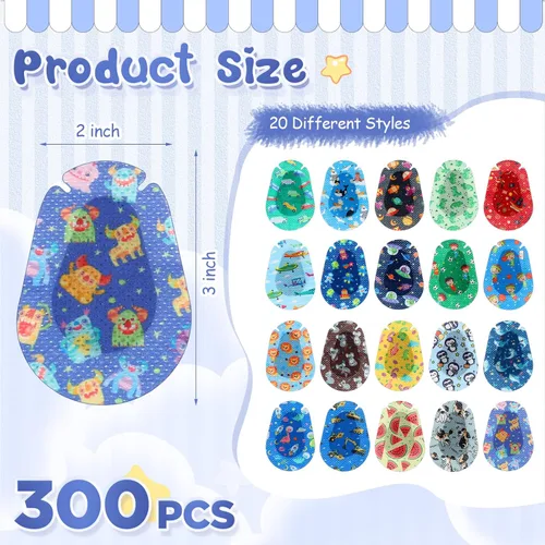 Miniatura 2 de Copkim 300 piezas de parches adhesivos para ojos para niños, 20 estilos, transpirables, parches para ojos de niños, paquete grande, bloqueadores