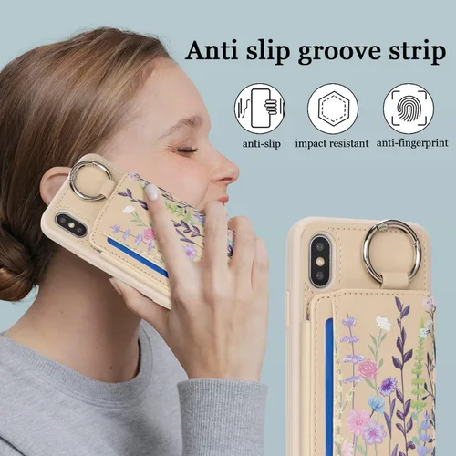 Miniatura 5 de Havaya Funda para iPhone Xs y iPhone X, cartera con tarjetero y llavero, soporte de anillo de piel sintética, diseño floral con ranuras