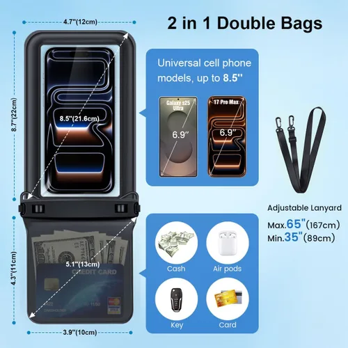 Miniatura 5 de [Hasta 8.5 pulgadas] Bolsa impermeable para teléfono flotante, doble bolsa impermeable con cordón para iPhone 16 15 Pro Max, Galaxy S25 S24 Ultra