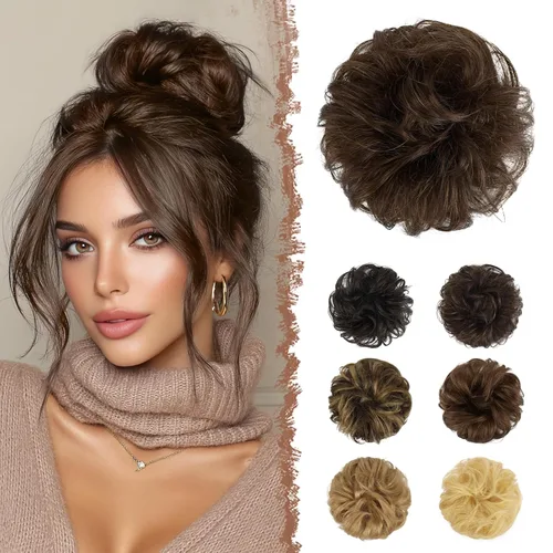 Miniatura 20 de FESHFEN Moños Desordenados Humanos - Moño de Cabello Humano 100% Real Coleteros Scrunchies Piezas de Cabello Extensiones de Cola de Cabello Ondulado