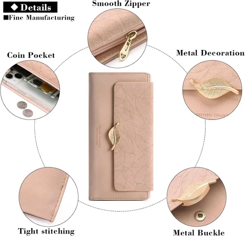 Miniatura 7 de Cartera de cuero para mujer, con bloqueo RFID, gran capacidad, triple tarjetero, carteras, monedero largo con ventana de identificación, C02 Rosa