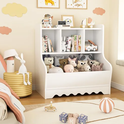 Miniatura 7 de Marcytop Organizador de almacenamiento de juguetes para niños, estante de madera con 4 cubículos para niños, estantería para bebés
