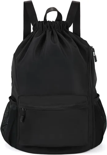 Valleycomfy Mochila de gimnasio impermeable con cordón para hombres y mujeres, bolsa de gimnasio deportiva con bolsillo lateral, color negro