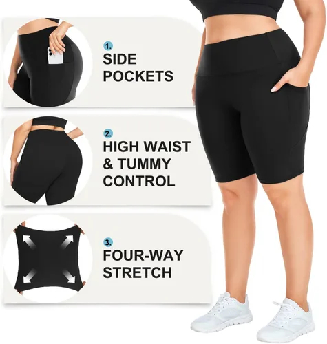 Miniatura 25 de MOREFEEL Pantalones cortos de ciclismo de talla grande de 8 pulgadas con bolsillos para mujer, cintura alta, control de abdomen, pantalones cortos