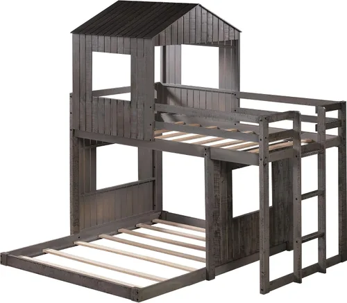 Miniatura 4 de Literas individuales para niños pequeños, literas de madera con ventana de techo, escalera de barandilla, para niñas y niños, no requiere caja