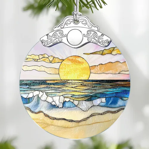 Adorno de Vidrio Manchado de Puesta de Sol en la Playa, Adorno Navideño – Decoración de Árbol de Navidad, Decoración Festiva, Relleno de Calceti,
