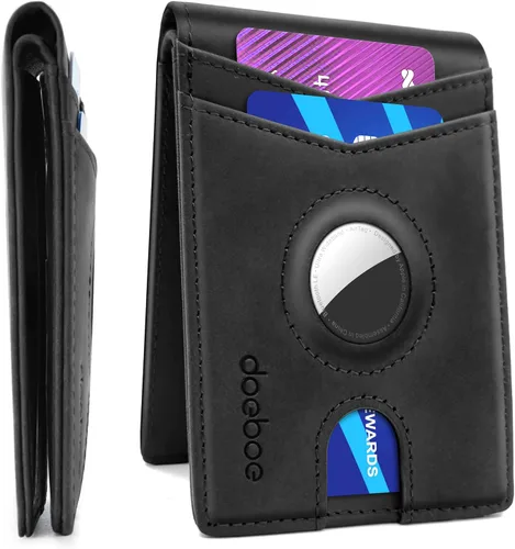 doeboe AirTag - Funda tipo cartera de piel auténtica cartera plegable para Apple Air Tag GPS bloqueo RFID cartera delgada para Airtags accesorios