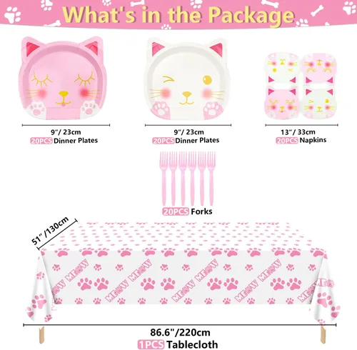 Miniatura 2 de 81 piezas de decoraciones de fiesta de cumpleaños de gatos, incluyendo platos de gato rosa y blanco, servilletas para mascotas y mantel MEOW