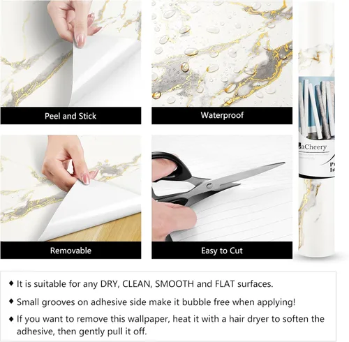 Miniatura 7 de LACHEERY Papel tapiz grueso de mármol blanco para despegar y pegar, papel tapiz blanco y dorado para cocina, papel de pared para encimera, papel