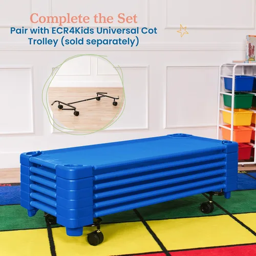 Miniatura 6 de ECR4Kids Cuna apilable para niños, lista para armar, tamaño estándar, mobiliario para aulas, azul, paquete de 6