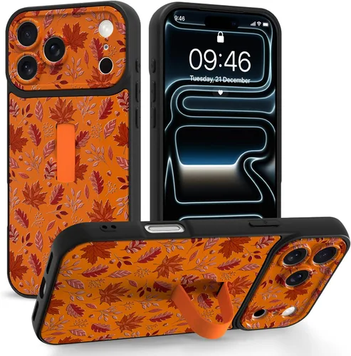 Funda compatible con iPhone 17 Pro con correa de mano para los dedos, bonita funda de teléfono de otoño con hojas de arce para mujeres y hombres,