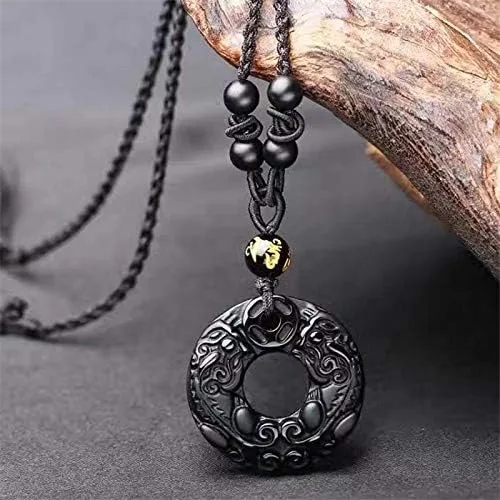 Miniatura 3 de 100% obsidiana Negro colgante de Piedra tallada Pixiu La Paz Hebilla colgante Collar de perlas Regalo para Hombres joyería de cuerda