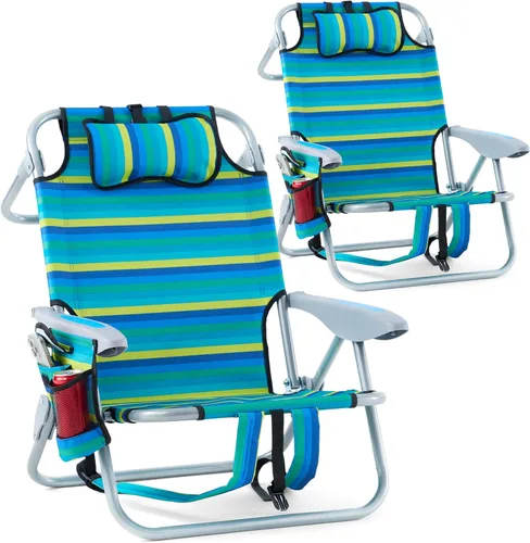 Miniatura 18 de Paquete de 2 sillas reclinables portátiles ligeras para adultos, sillas de playa plegables planas al aire libre con 5 posiciones, silla de playa