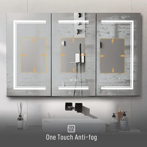 Miniatura 3 de Karl home Botiquín de baño de 3 puertas de 48 x 28 pulgadas con espejo LED, gabinete de baño regulable de 3 colores montado en la pared con estantes